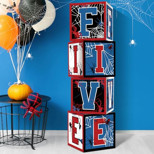Feifeiya 4 Pcs Spider 5th Birthday Decoration Spider Theme Balloon Boxes Five Letter Box Blocks for Boy Five Years Old Birthday Party Decoration Backdrop Photoshoot Props