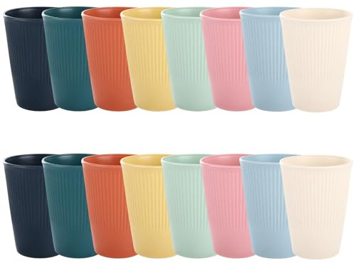 AKOLAFE 16 Pack Coloured Plastic Cups 350ml Reusable Hard Plastic Tumblers Small Unbreakable Drinking Cup 8 Colour Stackable Water Beakers for Party Cammping Kitchen, Dishwasher Safe