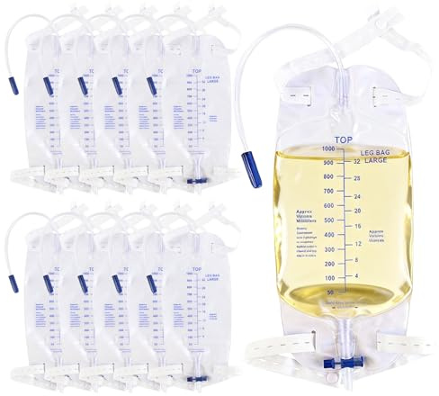 10 sacchetti per urina, per gambe, 1000 ml, sacchetti per urina, sacchetti per urina con valvola anti-reflusso, sacca per gambe con tubo da 30 cm, sacchetto per catetere per pazienti con incontinenza
