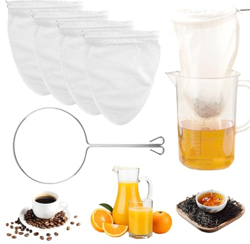 4 Piezas Bolsa de Leche de Nuez, Bolsa de Filtro de Alimentos, con Cremallera, con 1 Anillo de Acero Inoxidable, Reutilizable, para Bebida Vegetal Café Té Vino Leche Mermelada Leche de Nueces (Blanco)