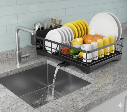 Large Dish Drying Rack with Drainboard, Rustproof Stainless Steel Dish Rack for Kitchen Counter with Drainage Spout, Utensil Holder, and Cup Rack — Space-Saving Design for Plates, Bowls, and Cutlery