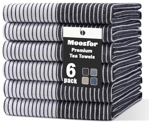 Moosfor Geschirrtücher 100% Baumwolle 6er Set 46 x 72 cm Schwarz | Premium Küchentücher, Weich & Dick, Saugstark & Langlebig, Oeko-TEX Zertifiziert Spüllappen Putzlappen, Gastronomiequalität