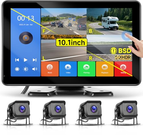Hodozzy 4 Reversing Cameras 10.1 inch Touchscreen Monitor 4 Split Screen 360° DVR, Blind-Spot Alert, Parking Guard, Front Back Left and Right Rear View Camera, Night Vision Cameras for Cars/Trucks
