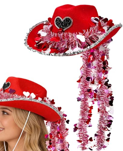 Générique Chapeau De Cow-girl - Tenue De Cow-girl Occidentale Rouge - Matériau Feutre | Couvre-chef De Saint-valentin À Bordure Argentée De 15 Pouces, 120g, Accessoire En Feutre En Forme De Cœur Pour