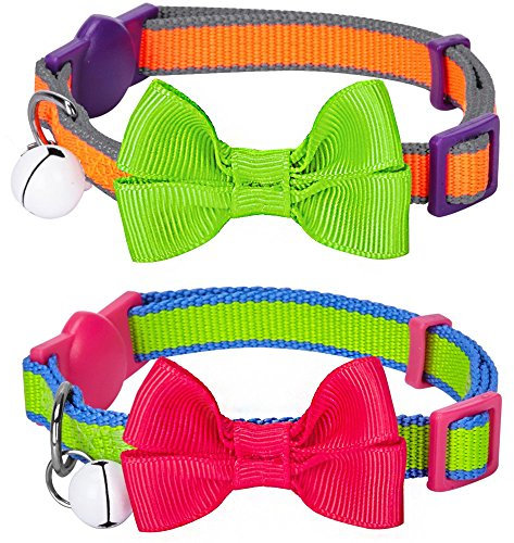 Anjing Katzenhalsband, klassisch, robust, verstellbar, mit Glöckchen und Fliege, Fluoreszierendes Orange und Grün, 2 Stück