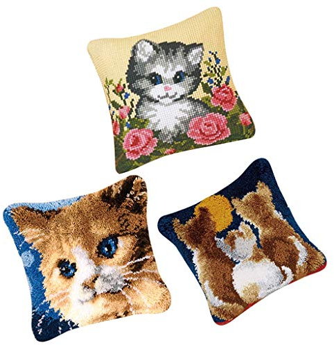 Tubayia 3 Set Katze Muster DIY Knüpfkissen Kissenbezug Latch Hook Kit Bastelset für Kinder Erwachsene