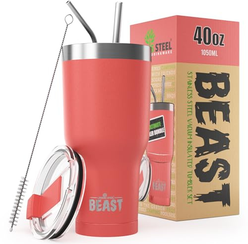 Beast Tumbler - 1050 ml (40 oz), Coral Pink | Reusable Stainless Steel, Vacuum Insulated Cup | with + 2 Straws & Cleaning Brush | Double Wall Travel Flask Perfect for Hot or Iced Coffee | BPA Free
