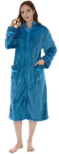 PAVILIA Bata de baño de forro polar con cremallera frontal para mujer, bata de baño de felpa cálida con cremallera y bolsillos, larga, azul mar, S-M