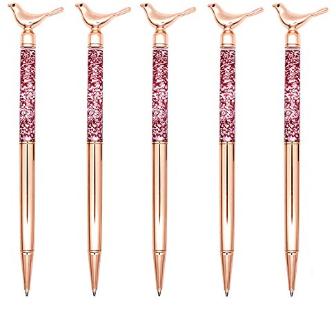 Gullor 5 Stück Metall Bling Small Bird Druckkugelschreiber für Schule Büro Zuhause Reisen Geschenk Supplies Rose Gold