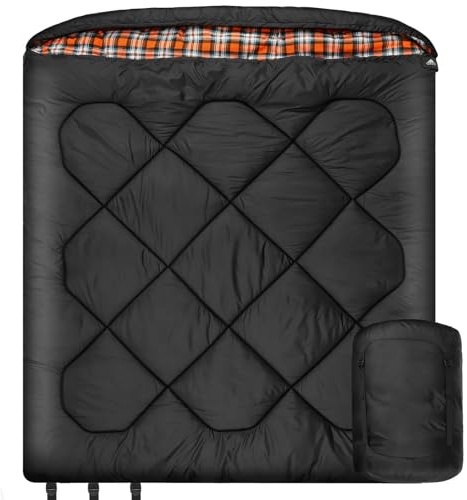 Sacco a pelo invernale doppio 0 gradi per letto matrimoniale matrimoniale con fodera in flanella 100% cotone, caldo e impermeabile per campeggio, pesca o caccia in condizioni di freddo (nero/arancio)