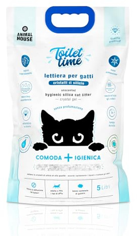 Animal House Toilet Time - Litière en Cristaux de Silicium pour Chats - Antistatique et sûre - sans poussière - Ultra absorbante - Retient Les odeurs (Neutre, 5L)