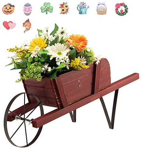 Giantex Wood Wagon Planter, Small Wheelbarrow Wagon Cart, Indoor & Outdoor Decorative Raised Bed W/ 9 Magnetic Accessories, Flower Pot Wheelbarrow Cart for Garden Backyard (Red)