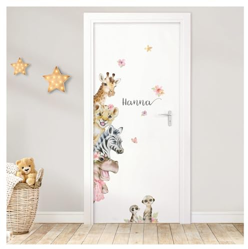 DEKO KINDERZIMMER Türaufkleber Wandsticker mit Name Wandtattoo Safari Tiere für Kinderzimmer Tür Sticker Wandaufkleber Babyzimmer selbstklebend DK1124-03