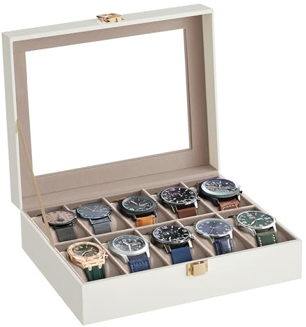 SONGMICS Boîte à Montres à 10 Emplacements, Coffret à Montres, Écrin, Couvercle en Verre, Coussinets Amovibles, Serrure en Métal, Revêtement en Blanc Nuage et Doublure en Beige Cappuccino JWB010W01