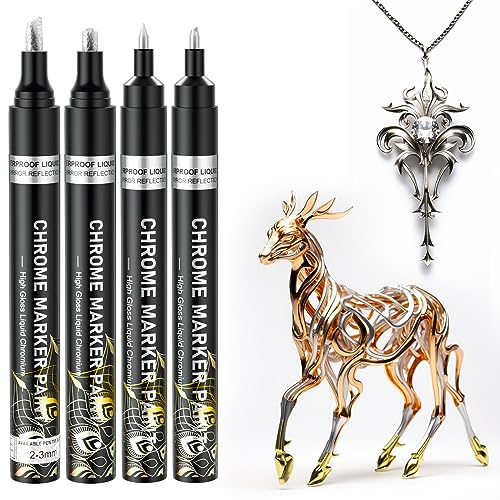 Metallic Stifte Set - 4 Stück Metallic Chrom Marker, Wasserfest Steine bemalen stifte, Glänzender Permanenter Flüssiger Acrylstifte für Holz, Harzmalerei, Modellieren, Bastel, Glass - Silber