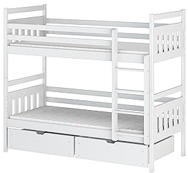 LanoMeble ADAŚ 80x160 Etagenbett, weiß, mit Spielzeugschubladen, Sicherheitsgeländer, Universalleiter