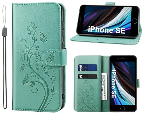 KRAFTCARE Lederhülle für iPhone 7/8/SE Klapphülle Leder Hülle | Premium PU Leder mit Prägung, Kartenfach, Ständer, Magnetic Closure, RFID Blockierung, Flip Wallet Handyhülle, Grün