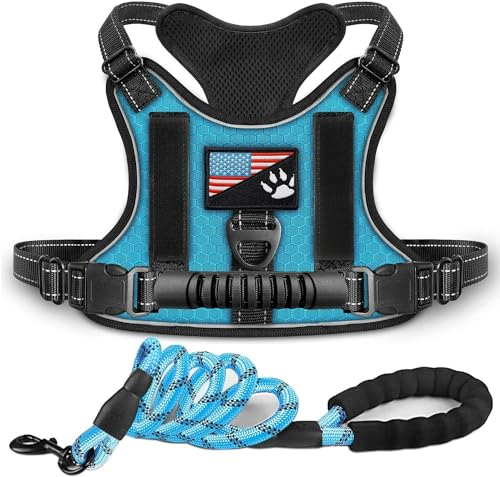 Sezlinver Hundegeschirr mit Leine, Geschirr und Leine Set, Reflektierendes und Atmungsaktives Hundebrustgeschirr, Anti-Traktionsgeschirr mit Griff, Halfter für Hunde, Anti-Pull Hundegeschirr(Blue, XL)