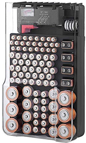 TsoLay the Battery Storage Case,Organizer with Hinged Clear Cover, with Battery Tester, Holds 93 Batteries Various Sizes, Black