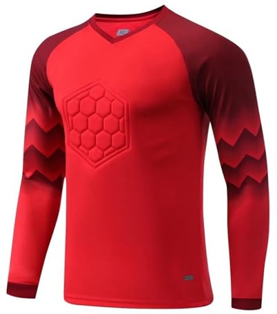Fldy Kids Goalkeeper Jersey Padded Goalie Shirt Football Goalkeeper Jersey and Pants Set Soccer Uniform Boys Keeper Kit Strip Red A 9-10 Years