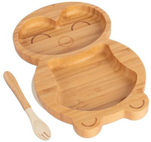 2pc Beige Manchot Ensemble Assiette et Fourchette de Sevrage pour Bébé en Bambou - Bois Divisé Enfants Nourriture Alimentation Plateau - Silicone Ventouse - Par Tiny Dining