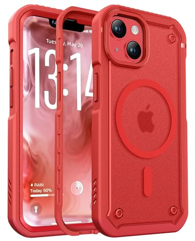 ORETECH Magnética para Funda iPhone 13/14, [con mag-Safe][2X Protector de Pantalla], Protección de Cuerpo Completo 360 Grado Antigolpes Translúcido Carcasa Fundas iPhone 13/14, Rojo
