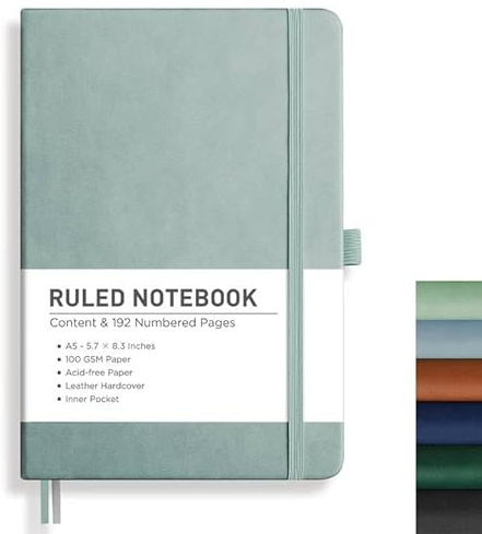 Rettacy Carnet A5 ligné - 96 pages numérotées - Papier 100 g/m² - Format 14,8 x 21 cm - Couverture souple avec poche intérieure - Pour bureau et école - Bleu clair