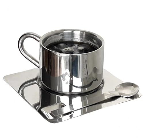 Dianzan Ensemble De Tasses À Café en Acier Inoxydable, Tasse À Café À Double Paroi De 175 avec Soucoupe, Cuillère, Poignée, Ensemble De Tasses À Café À Thé en Métal pour Maison Le Café