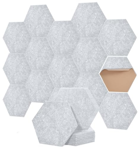 Hexagon Akustikplatten selbstklebend - Schallabsorber für Wand & Decke - 30x26x0.9cm, 12er Pack, Perfekt für Wohnräume, KTVs, Musikzimmer & Büros. (Hellgrau)