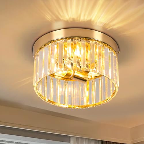 Cainjiazh 9.8 Chandelier Crystal Chandelies Ceiling Lighting Fixtures Flush Mount Ceiling Light E14 Round Modern Light Fittings for Kitchen Hallway Living Room Bedroom Hall Home Decoration(Gold)