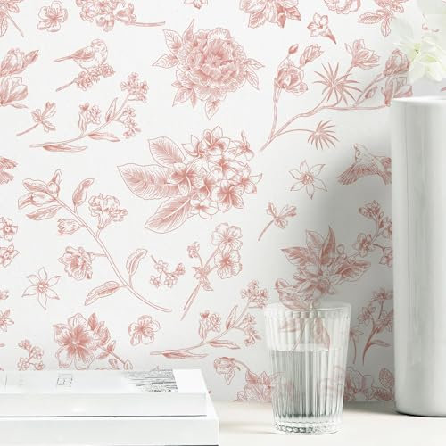 Safiyya Carta da parati autoadesiva rimovibile con motivo floreale, per camera da letto, bagno, fiori, uccelli, 299,7 x 43,9 cm, colore: rosa e bianco, per armadi, pareti, rotoli di vinile
