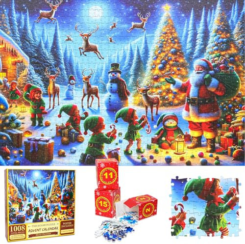 TOPWAYS Advent Calendar 2024, Jigsaw Puzzle for Adults 1008 Christmas Birthday Gifts for Women Men Kids Puzzles，Adults and Kids Countdown to Christmas Home Decoration (D)