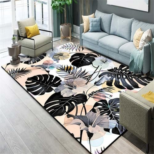 RUGMRZ Teppich PflegeleichtFlur Antirutschmatte 180x230CM Teppiche Für Schlafzimmer SchwarzStilvoller Anti-Flecken-Teppich mit blauem Pflanzenblättermuster küchenteppich groß