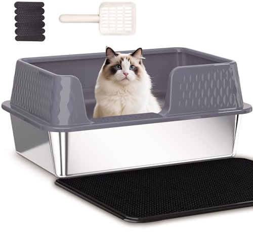 Pawsayes Stainless Steel Cat Litter Tray with Lid & High Sides, Metal Litter Pan, Low Entry Open Top for Kittens, Senior & Disabled Cats, Non-Stick Easy Clean Odour Control, Includes Scoop – Size M