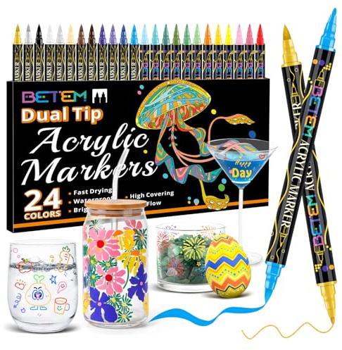 Betem Dual Tip Acrylic Paint Pens, 24 Colors Paint Markers for Glass, Window, Fabric, Wood, Rock, Canvas, Acrylic Markers with Fine & Brush Tip, Art & Craft Supplies, Teacher Appreciation Gift