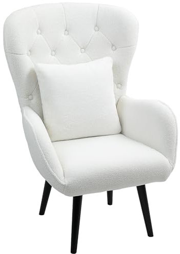 HOMCOM Ohrensessel Loungesessel mit Lendenkissen, Geplosterter Teddy Sessel mit Holzbeine, Diamanttufting-Rücken, Relaxsessel für Wohnzimmer, Schlafzimmer, Weiß