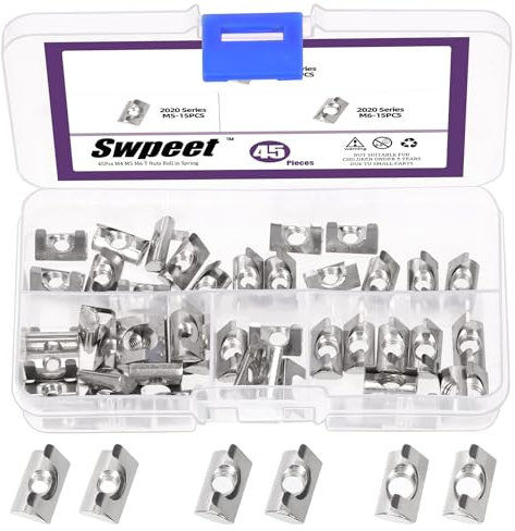 Swpeet 45 tuercas en T de 3 tamaños serie 2020 M4 M5 M6 de acero al carbono chapado en níquel con kit surtido de hojas de resorte, tuercas en T enrollables con hoja para perfiles de aluminio 2020
