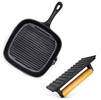 IUBGFTO Cast Iron Steak Pan Nonstick Skillet Grill Pan Steak Frying Pan for Gas Induction Cooker Household Kitchen Cookware (With pressure plate)