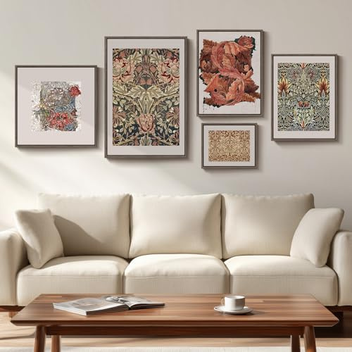 Framed William Morris Gallery Wall Art Set of 5, Vintage Colorful Botanical Floral Prints, Retro Boho Artwork for Living Room, Bedroom, Home Office, Hallway Decor