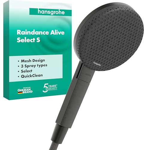 hansgrohe Raindance Alive Select S - ducha de mano, alcachofa de ducha con 3 tipos de chorro (PowderRain), cabezal de ducha redondo (125 mm), con sistema antical, cromo negro cepillado, 24500340