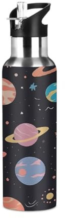 Mexpekil Carino Cartoon Space Planets Borraccia 600 ml isolata in acciaio inox bottiglia d'acqua con cannuccia a tenuta stagna thermos per bambini adulti