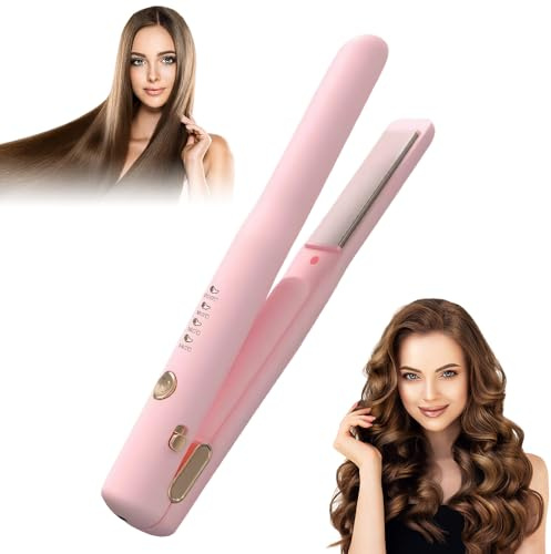 2-in-1 Cordless Hair Straightener, Wireless Mini Curling Iron with Ceramic Coating, Mini Flat Iron Curling Wand, PortableMini Curler Straighteners for All Hair Types, for Home and Travel (Pink)