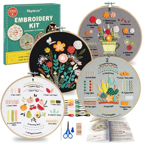 Meyocky Embroidery Kit for Beginners to Learn 31 Basic Stitches with Video | 4-Piece Beginner Embroidery Kit for Adults, Starter Practice, Pre-Printed Patterns, Step-by-Step Guide, Craft Lover Gift
