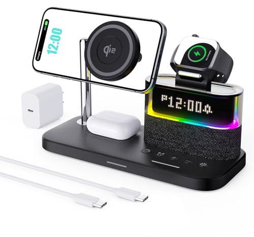 5-in-1-Kabellader mit Wecker, kabellose LadeStation mit Nachttischlampe kompatibel mit iPhone 17 16 15 14 13 12 Pro Max, Apple Watch und kabelladen-fähige Earbuds, Enthält einen 33W-Adapter(Schwarz)
