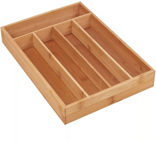 Faboer Bamboo Large Cutlery Tray, Kitchen Drawer Insert Box Storage Organiser, Natural Wooden Kitchen Drawer Divider for Silverware and Kitchenware with 5 Compartments Divider
