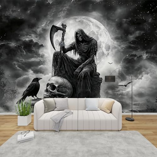 MMYAOKEN Papier Peint Panoramique Gothique Squelette 150x105 cm - Décoration Murale Tête de Mort Corbeau - Tapisserie Murales Papier Peint Intissé pour Chambre Salon - Poster Tableaux Photo Muraux
