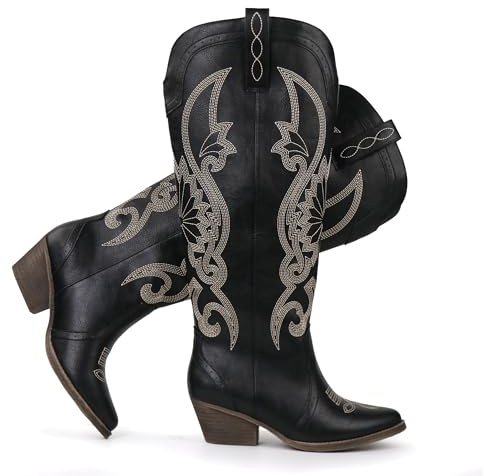 Hawkwell Damen-Cowboystiefel mit spitzer Zehenpartie und Blockabsatz, zum Hineinschlüpfen, kniehohe Westernstiefel