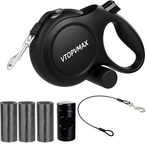 VTOPVMAX 8m Retractable Dog Lead for Medium/Large Dogs up to 50kg, Strong Heavy Duty Extendable Dog Lead with Chew-Proof Cable, 360 Tangle Free, One Hand Brake Lock & Poo Bag Holder (Black)