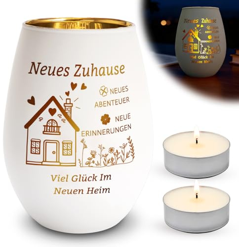 Einzugsgeschenke Wohnung, Geschenk zum Einzug Windlicht aus Glas mit Gravur, Einweihungsgeschenk Kerzendekoration für Zuhause, Viel Gluck Im Neuen Zuhause, Geschenkideen für Richtfest Geschenk