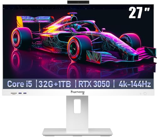 suevery Prebuilt Desktop Computer 27 All-in-One 32G RAM 1TB SSD | Intel Core I5 14400F Up To 4.7G RTX 3050 6G 27Inch 4K All In One Gaming PC Bundle Pro Business Office White